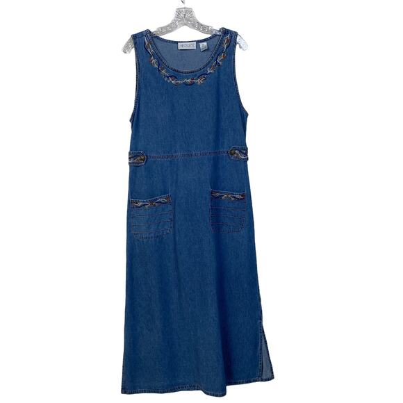 CASUAL CORNER Annex S Embroidered Long Blue Denim Jumper Dress Cotton Modest - Picture 1 of 10